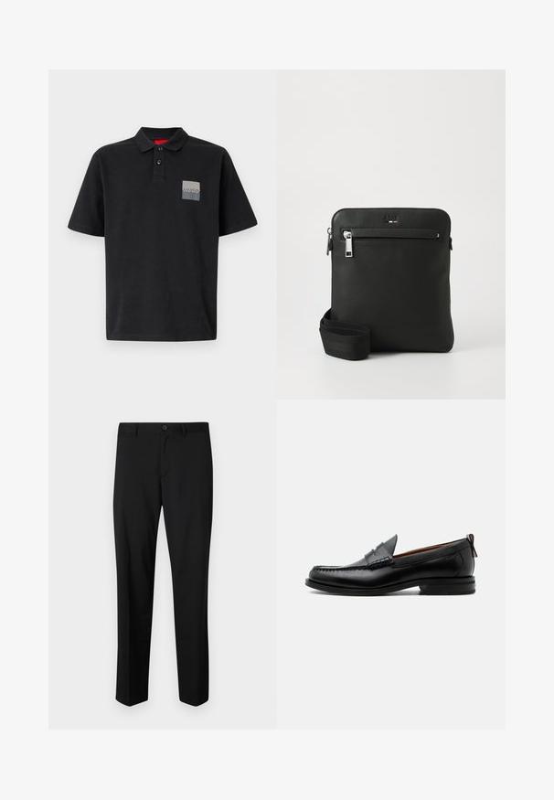 Polo noir en coton avec un col à deux boutons, des manches courtes et un patch logo rectangulaire gris sur la poitrine gauche.; Pantalons noirs ajustés avec une coupe plate, taille standard et jambes droites. Fabriqués en tissu lisse, dotés d'une fermeture à un bouton.; Mocassin homme en cuir noir avec couture moc toe, bride penny, col texturé et petit talon empilé sur fond blanc.; Sac bandoulière en cuir noir avec un design plat, surface texturée, fermeture éclair, poche avant et une sangle en tissu ajustable.