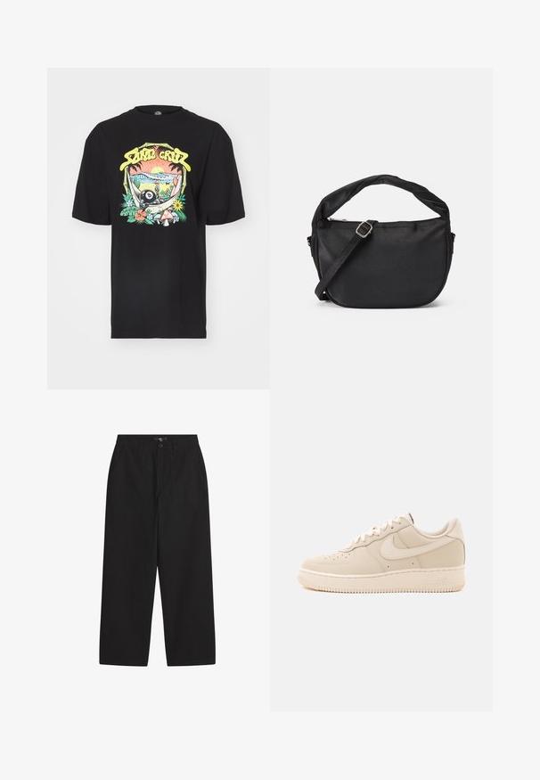 T-shirt en coton noir avec un design graphique coloré représentant un coucher de soleil, des bambous et diverses plantes, y compris un symbole yin-yang et des champignons.; Pantalons larges noirs en coton. Dotés d'une fermeture à bouton, de deux poches avant et d'une texture lisse. Design simple sans motifs.; Baskets basses beiges Nike Air Force 1 avec fermeture à lacets et perforations sur la boîte à orteils sur un fond uni.; Sac à épaule en tissu noir avec une poignée torsadée, une sangle amovible et une fermeture zippée en haut. Texture lisse et design minimaliste.