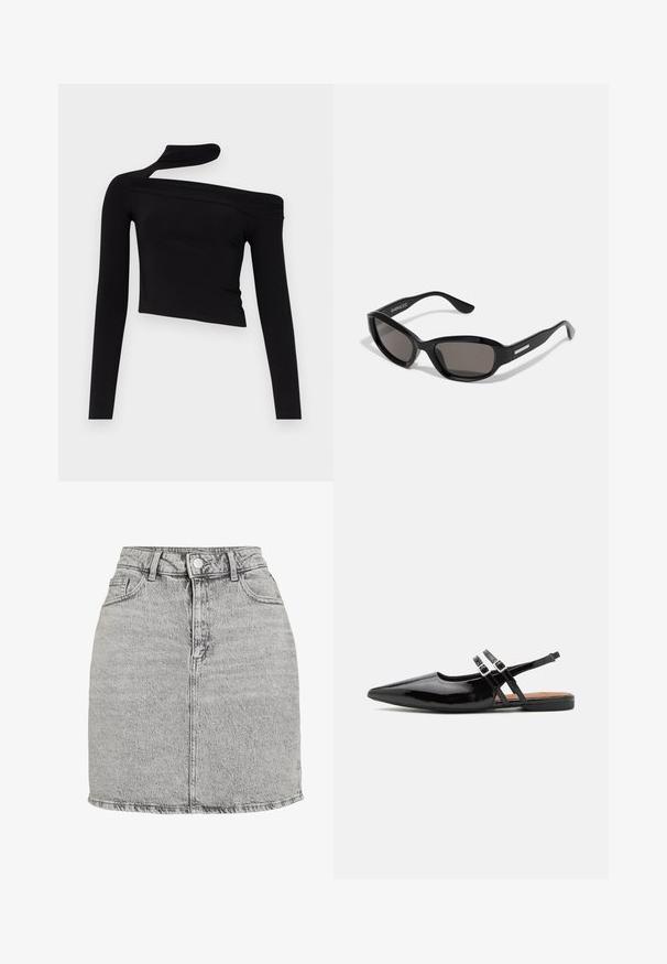 Gina Tricot CUT OUT - Μπλούζα με μακριά μανίκια - black; Γκρίζα τζην φούστα με ψηλή μέση, κλείσιμο με κουμπιά μπροστά και δύο πλευρικές τσέπες. Διαθέτει φθαρμένο τελείωμα και μια διακριτική υφή stone-wash.; Μαύρα παπουτσάκια slingback από πατενταρισμένο δέρμα με μυτερή μύτη, δύο λουριά με αγκράφες και επίπεδη σόλα.; Μαύρα γυαλιά ηλίου με ορθογώνιο σκελετό, σκούρους φακούς, λεία πλαστική υφή και μεταλλική λεπτομέρεια στο βραχίονα.