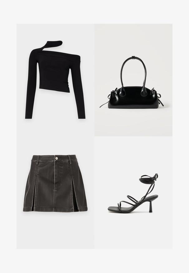 Gina Tricot CUT OUT - Top s dlhým rukávom - black; Čierna sukňa z faux kože s vysokým pásom, s prešitými detailami a bočnými záhybmi. Kovové gombíkové zapínanie vpredu.; Čierne sandále na tenkých popruhoch so štvrtovým špicom, nastaviteľnými viazaniami okolo členka a štíhlým blokovým podpätkom. Vyrobené z hladkého a odolného materiálu.; Malá čierna lesklá kabelka s dvoma dlhými rúčkami a bočnými šnúrkovými detailmi na jednoduchom svetlom pozadí.