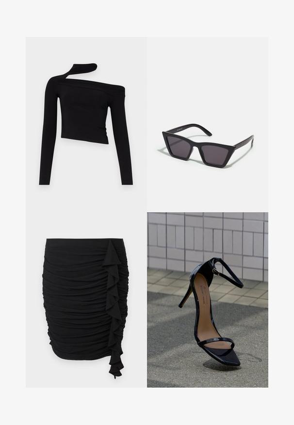 Gina Tricot CUT OUT - Top s dlhým rukávom - black; Čierna sukňa s riasením a volánikovým detailom na boku, vyrobená z elastického materiálu, s priliehavým strihom.; Čierna lakovaná kožená sandála na vysokom opätku s remienkom okolo členka, zlatou prackou a špicatou špičkou, umiestnená v zvislej polohe na dlažobnej a asfaltovej ploche.; Čierne, ostré slnečné okuliare so sivými sklami; vyrobené z plastu, majú hrubé ramená s hladkým povrchom a bez viditeľnej mechaniky.