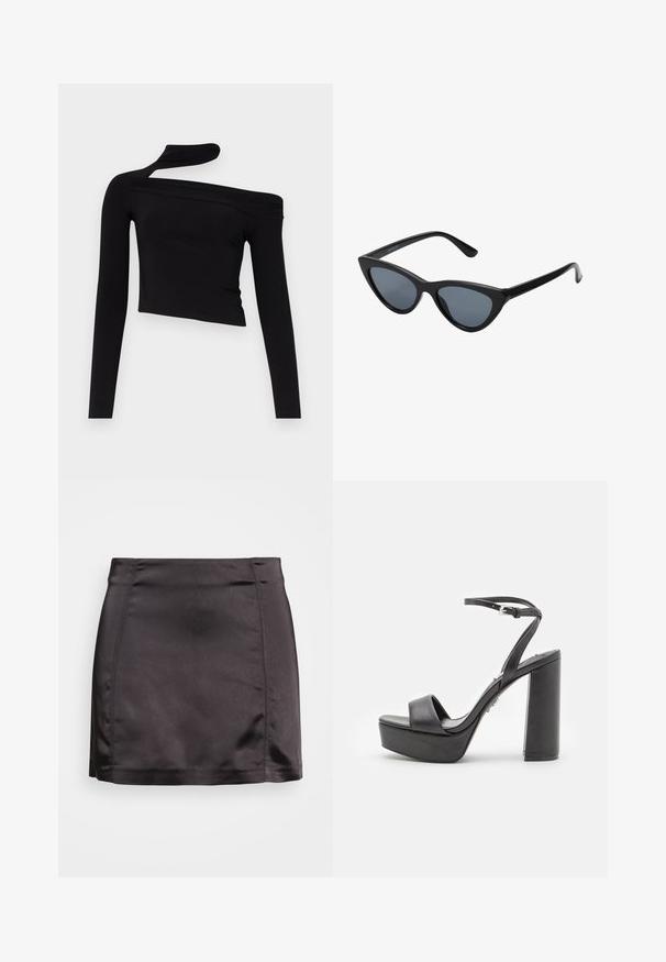 Gina Tricot CUT OUT - Camiseta de manga larga - black; Gina Tricot RIO SKIRT - Minifalda - black; Sandalias de tacón alto de plataforma negras con punta abierta, tira delantera ancha y correa ajustable en el tobillo. Acabado en piel suave y tacón cuadrado grueso.; Gafas de sol negras en forma de ojo de gato con lentes gris oscuro, marco de plástico elegante, esquinas puntiagudas y patillas rectas. Sin herrajes ni acentos visibles.