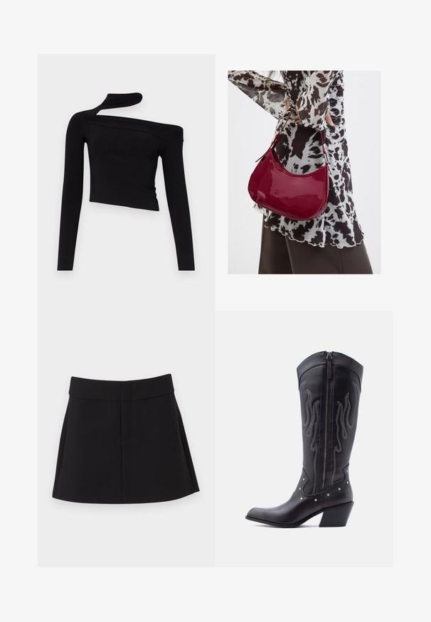 Gina Tricot CUT OUT - Top s dlhým rukávom - black; Čierna sukňa s priliehavým pásom, skladaným dizajnom a skrytými bočnými vreckami. Vyrobená z ľahkej látky s hladkou textúrou.; Čierne kožené kovbojské čižmy so špicatou špičkou, viditeľným prešívaním, striebornými ozdobnými nitmi a zipsom na vnútornej strane.; Žena v čierno-bielom vzorovanom blúzke drží lesklú červenú kabelku cez rameno na jednofarebnom pozadí.