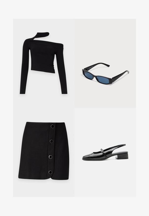 Gina Tricot CUT OUT - Pikkade varrukatega topp - black; Mustmustükk must läheb koos mähise disainiga, millel on viis hõbedast ringikujulist nuppu ees ja sile, mati tekstuur.; Mustast lakknahast slingback-king madala plokksandaali ja õhukese rihmaga, millel on peal hõbedane pandlaga kinnis.; Mustad mustad mustade, elegantsest ristkülikukujulisest raamistikust ja sinistest objektiividest. Omab siledat tekstuuri ja tugevaid templeid. Kaubamärgi logo küljel.