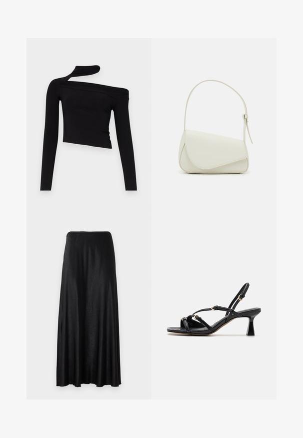 Gina Tricot CUT OUT - Camiseta de manga larga - black; Falda negra de longitud hasta el suelo hecha de una tela suave y ligera. Presenta un diseño sencillo y sin costuras con una cinturilla elástica.; Call it Spring DIANAH - Sandalias - black; Bolso de mano de imitación cuero blanco con una forma triangular estructurada, correa ajustable única y cierre con solapa acentuada en curva.