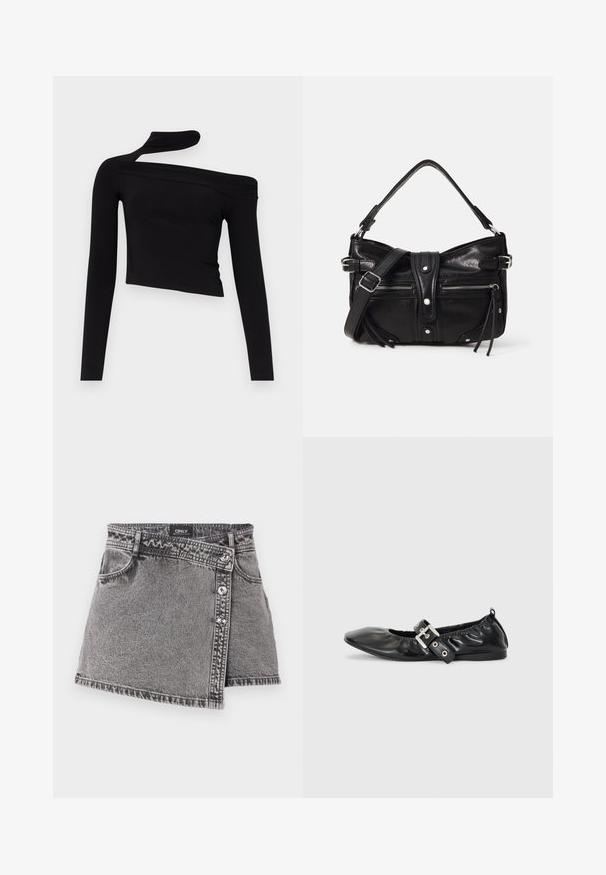 Gina Tricot CUT OUT - Langærmet T-shirt - black; Grå denim mini nederdel med et asymmetrisk snit, prydet med sølvknapdetaljer og en lomme på forsiden. Blød tekstur og afslappet design.; Sorte læder flade sko med spids tå, samling detaljer omkring åbningen, og en sølv spænde accent på den justerbare rem.; Even&Odd by Zalando H24462 - Håndtasker - black