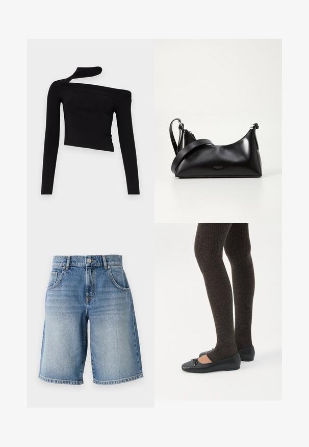 Gina Tricot CUT OUT - Pikkade varrukatega topp - black; Heledad shorts helesin sinises, sirge lõikega, viie tasku ja pronksist võtmetega. Omab narmendavat äärt ja pleekinud pesu tekstuuri.; Jalad seljas tumedad soonelises soonelises kombines mustade baleriinadega, millel on väikesed paelade detailid valgel taustal.; Mustmust nahkaga kott sileda tekstuuriga. Omab reguleeritavat rihma ja sujuvat, minimalistlikku disaini, millel on lukuga sulgemine.