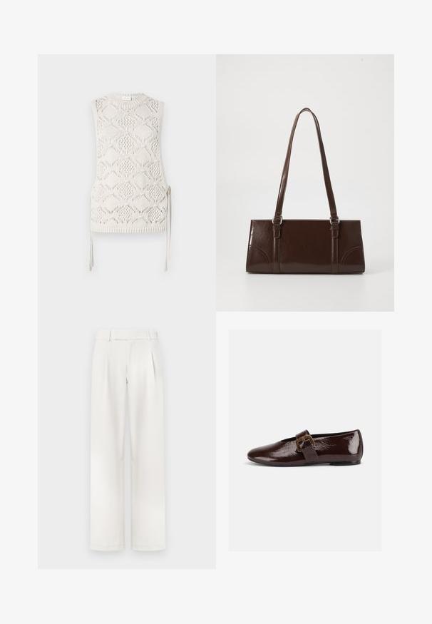 Débardeur en tricot sans manche en blanc cassé avec un motif en diamant, surface texturée et liens sur les côtés. Encolure ronde et détail de ourlet côtelé.; Pantalons larges de couleur crème avec un devant plat, des plis et une texture de tissu lisse. Conçus avec des passants de ceinture et des ourlets ajustés.; Chaussure plate en cuir verni marron foncé avec une large bride à boucle dorée et un bout arrondi, présentée de profil sur fond blanc.; Sac à main en cuir verni marron de forme rectangulaire, avec deux longues poignées et des accents courbés subtils à l'avant.