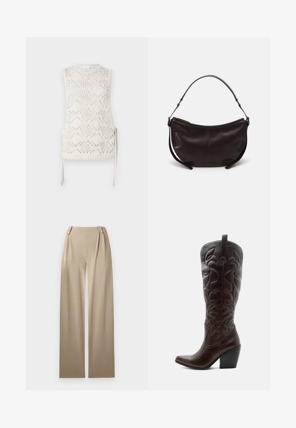 Débardeur en tricot sans manche en blanc cassé avec un motif en diamant, surface texturée et liens sur les côtés. Encolure ronde et détail de ourlet côtelé.; Pantalons large en beige avec une texture lisse, présentant deux boutons décoratifs à la taille et des plis subtils pour plus de détails.; Botte de cowboy haute en cuir marron foncé avec motifs décoratifs cousus, bout pointu et talon bloc empilé.; Sac à épaule en cuir marron foncé avec une forme courbe, texture lisse et une seule sangle réglable. Doté d'une fermeture éclair.