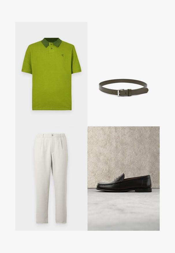 Groen gestructureerd poloshirt met een contrasterende donkere groene kraag, een knoopsluiting met twee knopen en een klein logo op de borst.; Lichtbeige broek met een ontspannen pasvorm en een lichte glans, voorzien van een elastische tailleband, steekzakken aan de voorkant en een taps toelopende pijp.; Zwarte leren penny loafer met lage hak, afgeronde neus en gestikte details langs de voorkant en zijkanten, afgebeeld op een neutrale achtergrond.; Leren riem in olijfgroen met een zilverkleurige rechthoekige gesp, weergegeven in een cirkelvorm op een witte achtergrond.
