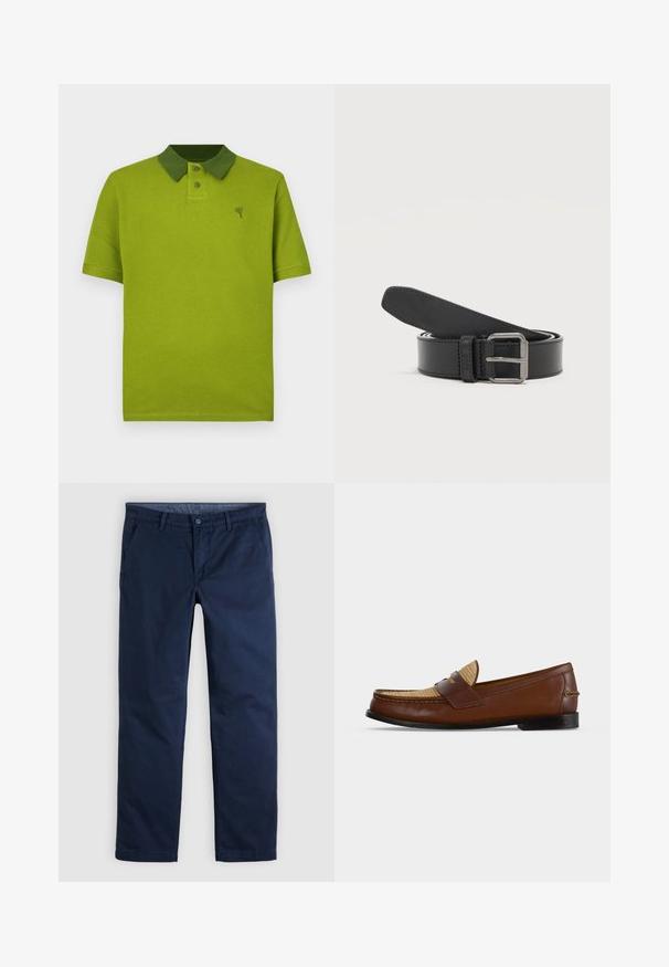 Polo vert texturé avec un col d'un vert plus foncé contrastant, une patte de boutonnage à deux boutons et un petit logo sur la poitrine.; Pantalon décontracté pour homme, coupe droite, bleu foncé, avec passants pour ceinture et poches latérales avant, présenté à plat sur un fond neutre.; Mocassin en cuir marron pour homme avec dessus beige tissé et semelle noire, présenté de profil sur fond blanc.; Ceinture en cuir noire enroulée avec une boucle rectangulaire en métal argenté sur un fond clair uni.