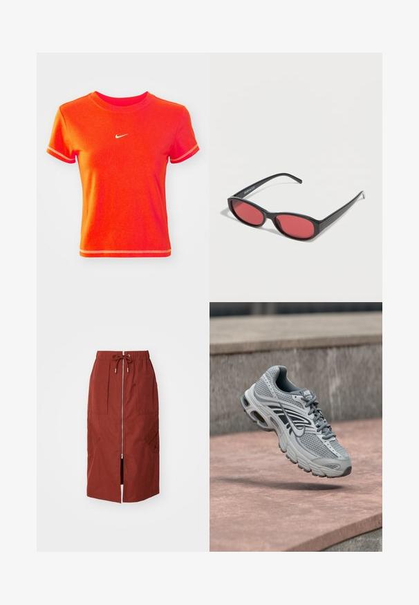 Červené skrátené tričko vyrobené z bavlny, s rebrovaným okrúhlym výstrihom a krátkymi rukávmi. Na prednej strane zobrazuje malé biele logo Nike.; Sukňa strednej dĺžky v terakotovo červenej farbe, s predným zipsom, elastickým pásom so šnúrkou a bočnými vreckami s geometrickým dizajnom.; Svetlosivá a biela bežecká topánka Nike s dizajnom z oka, vznášajúca sa nad kamenným povrchom vonku.; Čierne oválne slnečné okuliare s tenkými ramenami a červenými tónovanými šošovkami ležia na bielom povrchu.