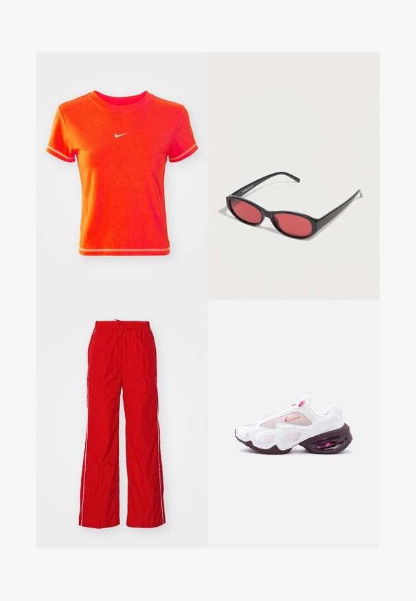 Rød cropped T-shirt lavet af bomuld, med en ribbet crew neck og korte ærmer. Viser et lille hvidt Nike-logo på fronten.; Røde nylonbukser med vidde ben, elastisk talje med snøre og hvide sidelister. Glat tekstur med et let udseende.; Hvid og lyserød atletiksneaker med meshpaneler, en lyserød Nike-swoosh og en tyk, mørkelilla sål med synlig luftpolstring.; Sorte ovale solbriller med tynde arme og rødtonede linser, der ligger på en hvid overflade.