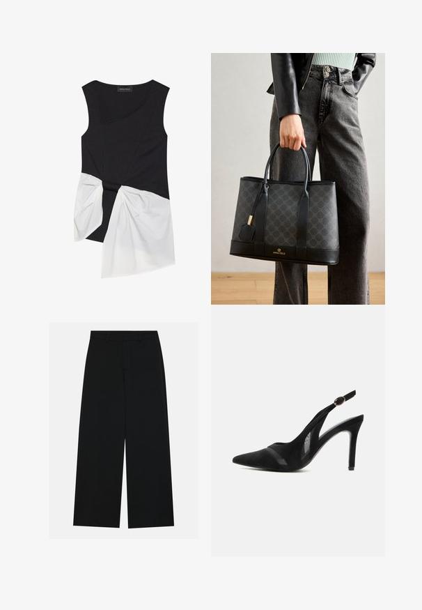 Haut sans manches noir à côtes avec un design asymétrique, présentant un détail en tissu torsadé blanc au niveau de la taille et un col rond.; Pantalons noirs à jambe large en tissu lisse. Dotés d'une taille plate avec passants de ceinture et sans poches visibles. Design simple.; Escarpin slingback en daim noir à bout pointu avec des accents en mesh, un talon haut fin et une bride à boucle dorée sur fond uni.; Sac fourre-tout noir avec un motif subtil, des accents en cuir, des poignées robustes et un logo doré en bas. Porté par une personne en jeans gris.