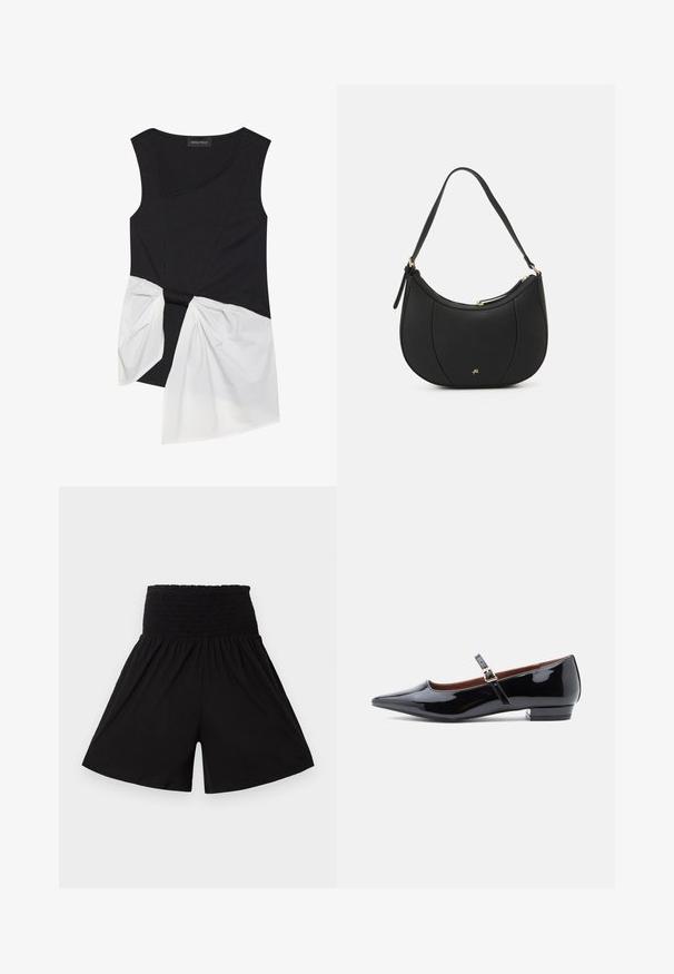 Haut sans manches noir à côtes avec un design asymétrique, présentant un détail en tissu torsadé blanc au niveau de la taille et un col rond.; Shorts noirs taille haute avec une large ceinture élastique froncée et des jambes larges et fluides.; Escarpin Mary Jane en cuir verni noir avec bout pointu et petit talon, doté d'une sangle ajustable avec boucle dorée.; Sac à main en cuir noir avec une forme courbée, surface texturée, coutures avant et un logo doré. Il est doté d'une seule sangle ajustable.