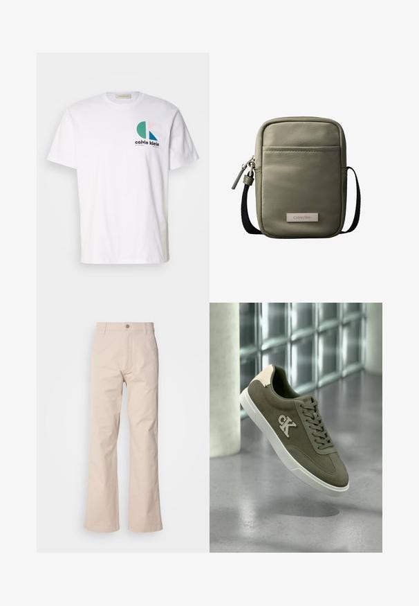 Weißes Baumwoll-T-Shirt mit einem mehrfarbigen grafischen Design, das kreisförmige Formen und das "Calvin Klein"-Logo auf der Vorderseite zeigt. Kurze Ärmel, Rundhalsausschnitt.; Beige Baumwollhosen mit geradem Beinschnitt, ausgestattet mit einem Knopfverschluss, vorderen Taschen und minimaler Stichdetails.; Olivgrüner Wildledersneaker mit weißer Sohle und CK-Logo, vor einem grauen Fußboden und einer Glasbausteinwand präsentiert.; Kompakte olivgrüne Umhängetasche mit Vordertasche, schwarzem verstellbarem Riemen, Reißverschluss und Calvin Klein Logo-Plakette.