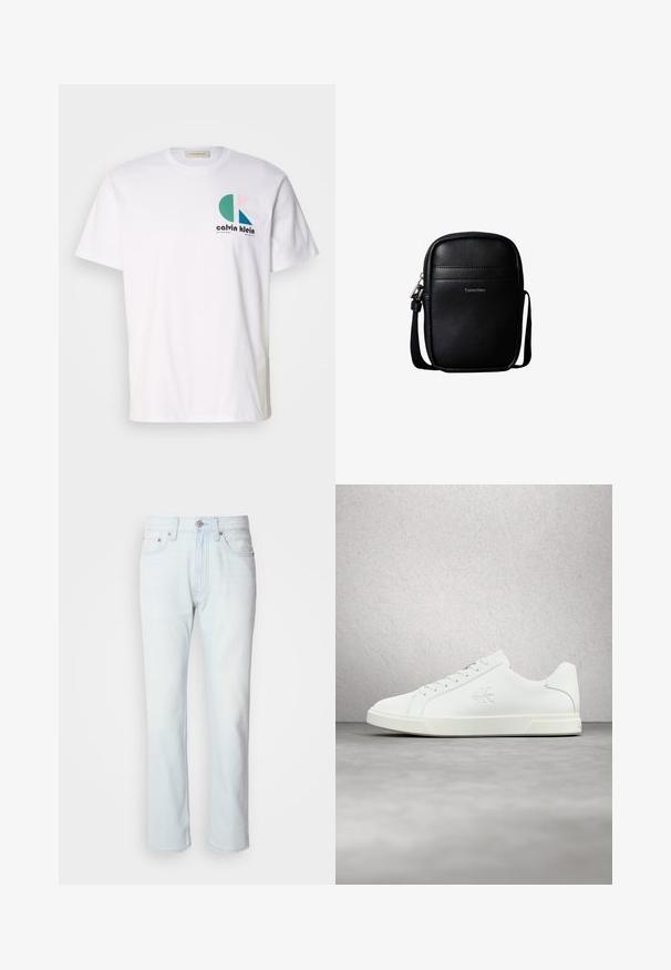 Biele bavlnené tričko s viacfarebným grafickým dizajnom obsahujúcim kruhové tvary a logom "Calvin Klein" na prednej strane. Krátke rukávy, okrúhly výstrih.; Svetlomodré riflové nohavice so strihom rovného nohavice. Majú gombíkový uzáver a pútka na opasok, pričom preukazujú vyblednutú štruktúru a minimálne šitie.; Biela kožená teniska s hladkým povrchom, šnurovaním, logom na boku a kontrastnou bielou gumovou podrážkou.; Čierna kompaktna crossbody kabelka z textúrovanej kože s predným šitím a logom "Calvin Klein", s nastaviteľným ramenným popruhom.