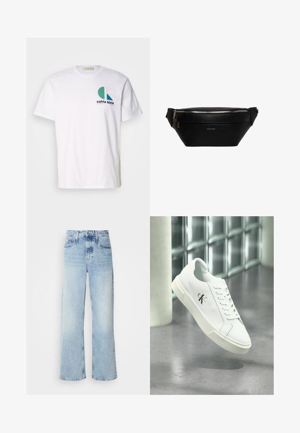 Biele bavlnené tričko s viacfarebným grafickým dizajnom obsahujúcim kruhové tvary a logom "Calvin Klein" na prednej strane. Krátke rukávy, okrúhly výstrih.; Svetlomodré široké rifle s vysokým pásom, s jemne vyblednutým povrchom, pútkom na opasok a klasickým dizajnom s piatimi vreckami. Lem je surový.; Biela teniska Calvin Klein so šnúrkami, zobrazená vznášajúca sa nad leštenou betónovou podlahou a stenou z sklenených blokov.; Čierna kožená ľadvinka Calvin Klein so strieborným zipsom a nastaviteľným popruhom, minimalistické logo vpredu v strede.