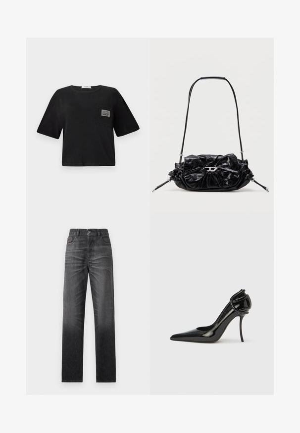 T-shirt noir court en coton, avec un col rond et des manches courtes. Comprend une poche à rabat avec une étiquette "REPLAY".; Jean denim noir à coupe droite, design à cinq poches et léger effet délavé. Doté d'une fermeture à boutons et d'un logo cousu sur la poche.; Chaussure à talons hauts en cuir verni noir, avec un bout pointu et un dos ouvert. Dotée d'un accent incurvé unique au niveau du talon. Finition élégante et brillante.; Sac à main en cuir noir avec un design froncé et un détail en forme de nœud sur le devant. Dispose d'une poignée courte et d'accents de quincaillerie argentée.