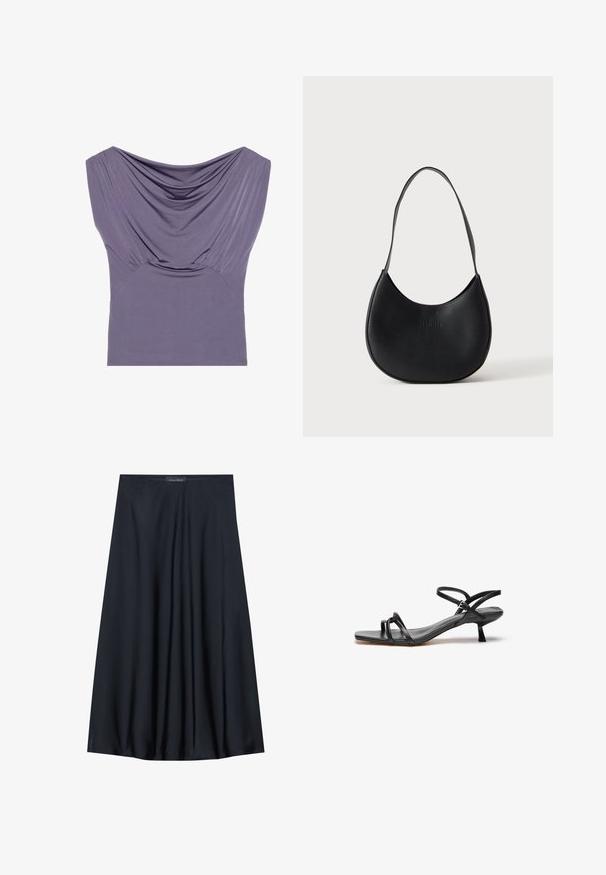 Haut ajusté violet avec décolleté drapé, manches courtes et texture froncée, fabriqué à partir d'un tissu doux et extensible pour le confort.; Jupe noire, arrivant aux genoux, en tissu léger avec un design fluide. Présente une texture lisse et de subtils plis pour un détail supplémentaire.; Sandale en cuir noir au design épuré et minimaliste. Dotée de deux fines lanières et d'un petit talon incliné. Texture lisse et bout ouvert.; Sac à épaule en cuir noir en forme de croissant avec une bandoulière unique et un nom de marque discrètement embossé sur un fond clair uni.
