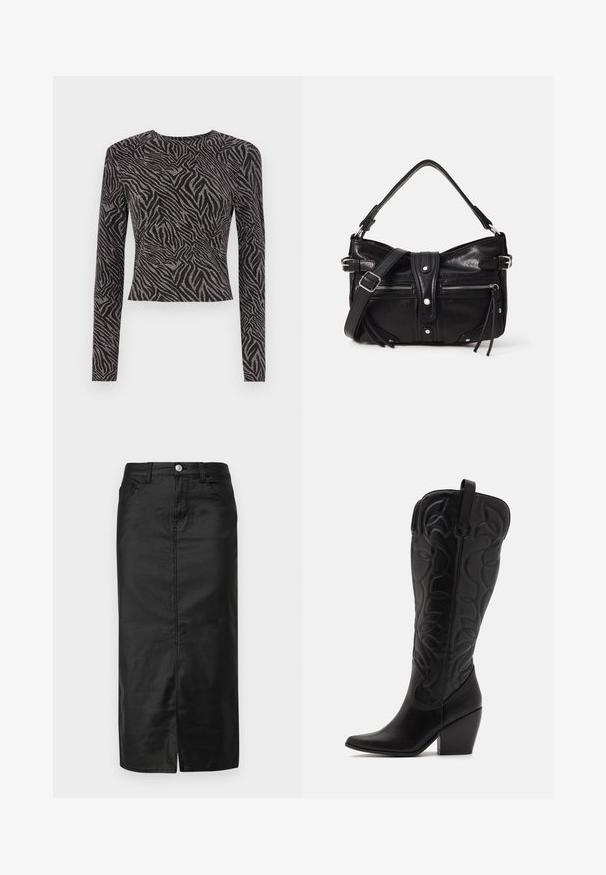 Langærmet sort top med en tekstureret zebra mønster og metalliske accenter. Tæt siddende design, rund halsudskæring og cropped snit.; Sort denim midi-nederdel med frontslids, fem lomme-design og metalknaplukning. Glat tekstur og klassisk lige form.; Sorte knæhøje støvler i læder med spids snude og lagdelt hæl. Har dekorative syninger og buede designelementer.; Even&Odd H24462 - Håndtasker - black