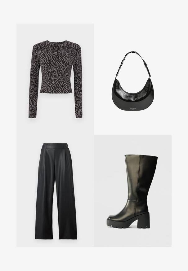 Langærmet sort top med en tekstureret zebra mønster og metalliske accenter. Tæt siddende design, rund halsudskæring og cropped snit.; Sorte bredbenede bukser i kunstlæder med høj talje, knapdetaljer på linningen og frontplisseringer.; Sorte læderknæhøje støvler med en kraftig struktureret sort platformhæl. Har en glat overflade og et slankt vertikalt design.; Pepe Jeans GRACEY - Håndtasker - black