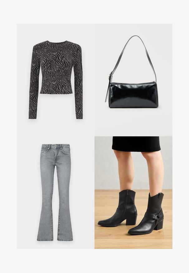 Langærmet sort top med en tekstureret zebra mønster og metalliske accenter. Tæt siddende design, rund halsudskæring og cropped snit.; Lystgrå, flagrende jeans lavet af denim. Har en høj talje, fem-lomme design og en falmet vask med syninger ved sømmene.; Sorte læder ankelstøvler med spids tå, lynlås lukning, buet hæl og en dekorativ rem med metal detaljer.; Sort rektangulær skuldertaske med en enkelt justerbar rem og lynlås i toppen på en ensfarvet baggrund.