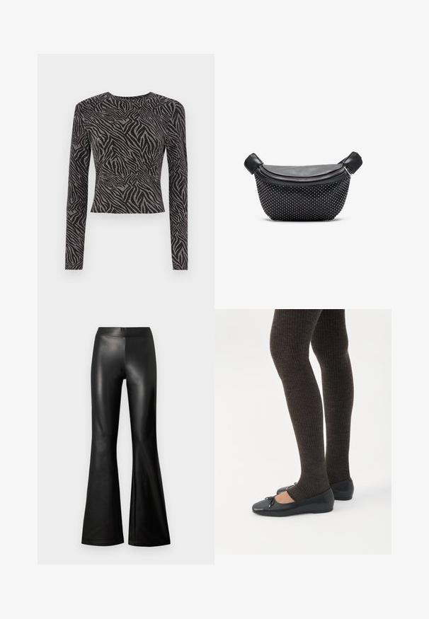 Langærmet sort top med en tekstureret zebra mønster og metalliske accenter. Tæt siddende design, rund halsudskæring og cropped snit.; Sort flared bukser lavet af glat, blankt kunstlæder; har en høj talje og en tætsiddende silhuet, der udvider sig ved kanten.; Ben iført mørke ribbede leggings kombineret med sorte balletsko med små sløjfedetaljer på hvid baggrund.; Sort håndtaske med en glat læderoverdel og en struktureret bund dækket af sølvnitter, med lynlås lukning og dobbelthåndtag.