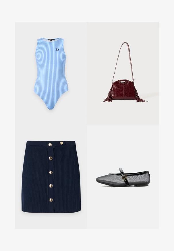 Maillot de bain bleu sans manches avec des rayures blanches verticales et un petit emblème en forme de cœur marine sur la partie supérieure gauche de la poitrine.; Mini-jupe en tricot côtelé bleu marine avec une taille haute et une rangée avant de six boutons en métal doré.; Chaussure plate Mary Jane en mesh noir avec bride brillante et boucle dorée en forme de cœur, petit talon et bout arrondi sur fond uni.; Sac à bandoulière en cuir rouge foncé avec des détails à franges et une bandoulière réglable avec boucle argentée sur un fond clair uni.