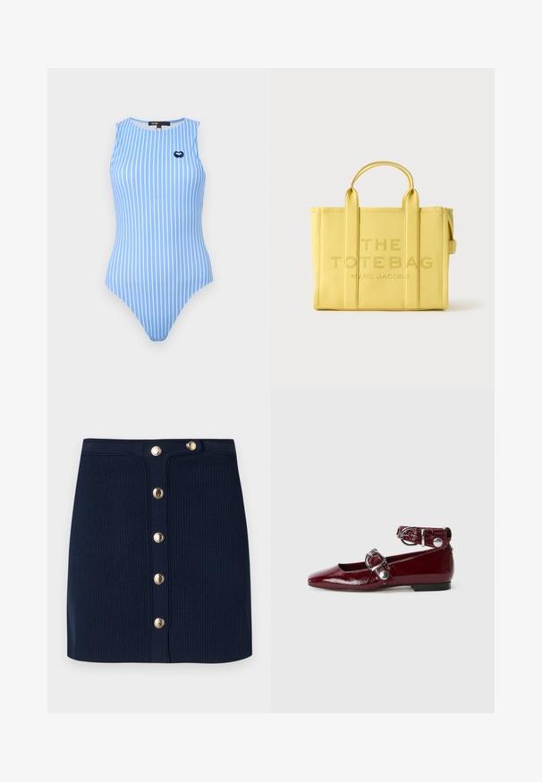 Maillot de bain bleu sans manches avec des rayures blanches verticales et un petit emblème en forme de cœur marine sur la partie supérieure gauche de la poitrine.; Mini-jupe en tricot côtelé bleu marine avec une taille haute et une rangée avant de six boutons en métal doré.; Ballerines en cuir verni bordeaux avec un bout pointu, une bride de cheville avec une boucle en argent et un petit talon. Texture lisse sur l'ensemble.; Sac fourre-tout en cuir jaune avec deux poignées supérieures, affichant le texte en relief "LE SAC FOURRE-TOUT" et "MARC JACOBS". Texture lisse, forme structurée.
