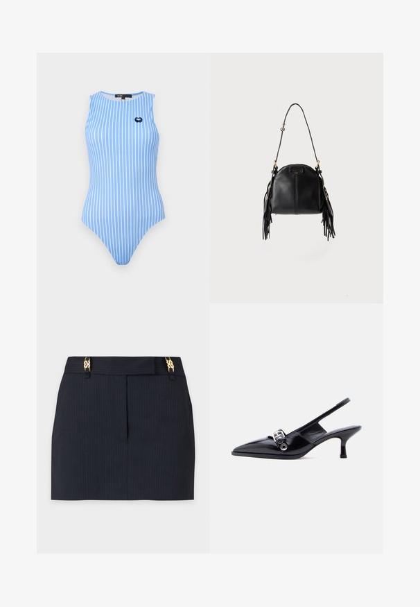 Maillot de bain bleu sans manches avec des rayures blanches verticales et un petit emblème en forme de cœur marine sur la partie supérieure gauche de la poitrine.; Mini-jupe noire à fines rayures avec couture avant et clips décoratifs dorés à la taille sur fond blanc.; Chaussure à talon bas en cuir verni noir avec bride arrière, bout pointu et détail boucle argentée sur fond blanc uni.; Sac à main en cuir noir avec une forme courbée, une longue bandoulière réglable et des franges de chaque côté sur un fond clair.