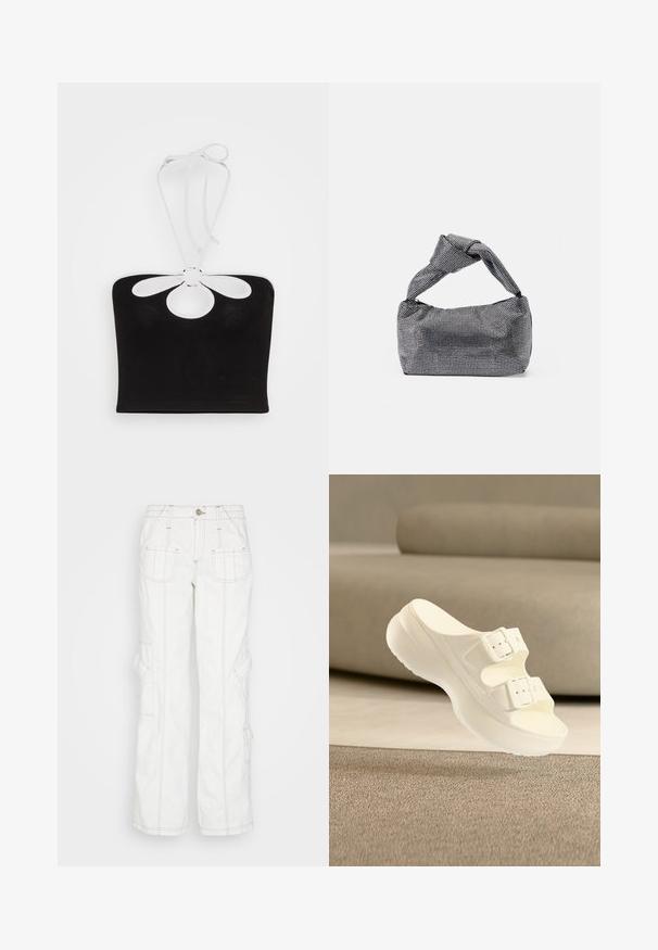 Even&Odd by Zalando Μπλούζα - black; BDG Urban Outfitters Τζιν χαλαρής εφαρμογής - white; Λευκό σανδάλι με δύο ρυθμιζόμενες αγκράφες και παχιά σόλα, τοποθετημένο μπροστά από ένα μπεζ καναπέ πάνω σε μια υφασμάτινη μοκέτα.; Μαύρη και ασημένια τσάντα χειρός με υφασμάτινη επιφάνεια που διαθέτει διαμαντένιο σχέδιο, κόμπο στη λαβή και δομημένο σχήμα.