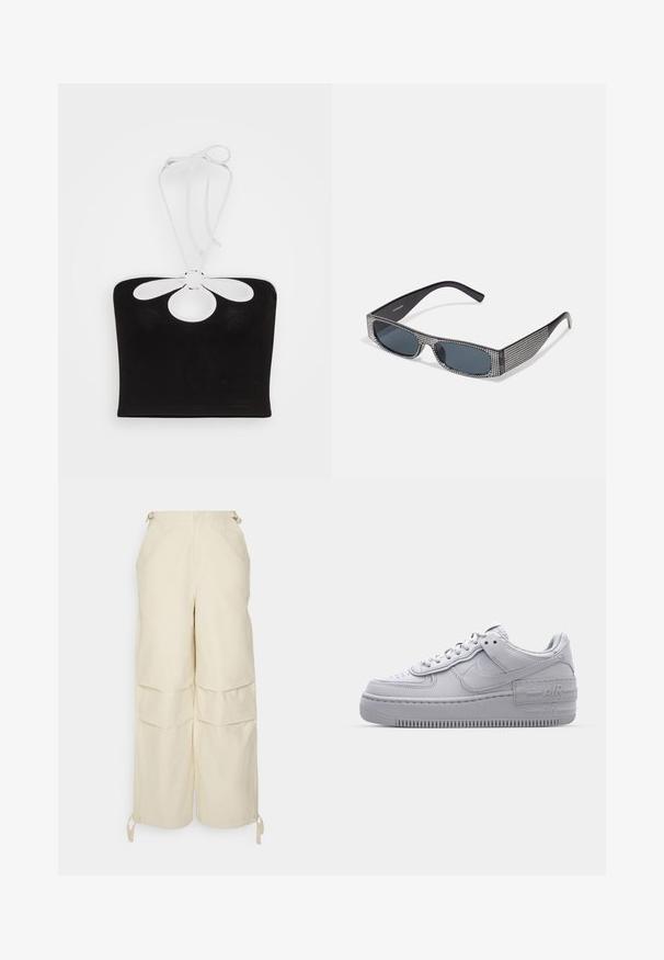 Even&Odd by Zalando Μπλούζα - black; WRSTBHVR ZERA PANTS EGGSHELL WOMEN - Παντελόνι - off white; Γκρι Nike Air Force 1 αθλητικό παπούτσι με πορώδη μύτη, λεία δερμάτινη επάνω επιφάνεια, χοντρή σόλα και ανάγλυφη λεπτομέρεια 'AIR' στην φτέρνα.; Μαύρα γυαλιά ηλίου με γκρι φακούς, που διαθέτουν σχέδιο πλέγματος από μικρές μεταλλικές ριζόχρυσες πέτρες γύρω από τους σκελετούς. Λείος φινίρισμα, γωνιακό σχέδιο.