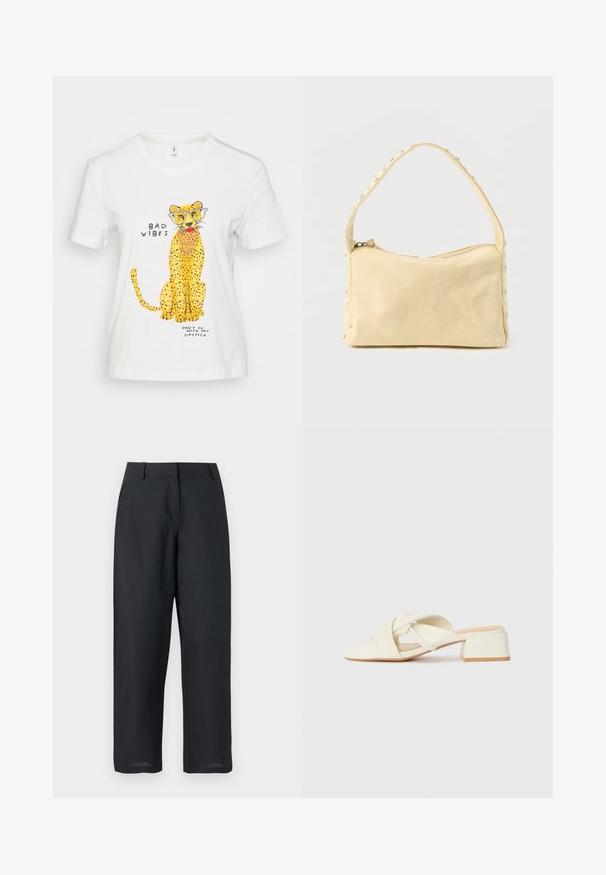 Weißes Baumwoll-T-Shirt mit einem Cartoontiger, der eine Brille trägt, gelbe Flecken hat und verspielte Texte zeigt: "SCHLECHTE VIBES" und "GEH NICHT MIT MEINEM LIPPENSTIFT."; Schwarze Hose mit geradem Bein, Gürtelschlaufen, vorderem Reißverschluss und seitlichen Taschen, dargestellt vor weißem Hintergrund.; Ecrufarbene Blockabsatzsandalen mit gedrehten Riemen und flachem Fußbett. Glattes synthetisches Material mit matter Oberfläche.; Kleine beige Ledertasche mit einem einzigen Riemen und silbernen Nieten entlang der Kanten und des Riemens, vor einem schlichten Hintergrund.