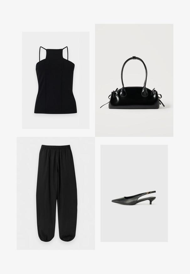 Haut noir sans manches avec col montant et fines bretelles, silhouette ajustée, présenté sur un fond clair uni.; Pantalon noir à coupe ample avec taille élastique et poignets élastiques aux chevilles, présenté à plat sur un fond clair.; Chaussure slingback noire à bout pointu en cuir lisse. Présente un talon fin et un détail de boucle sur la sangle réglable.; Petit sac à main noir brillant avec deux longues anses et des détails à cordon sur les côtés sur un fond clair uni.