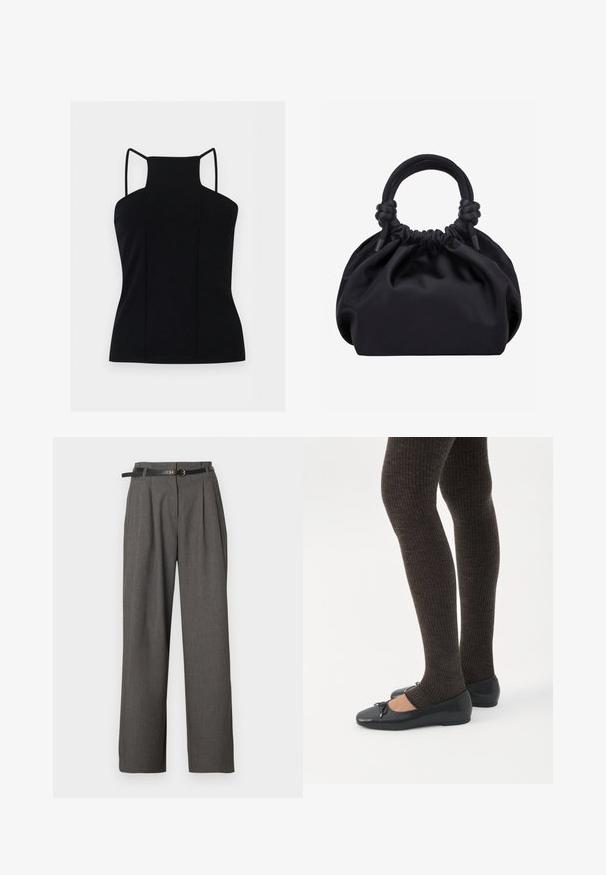 Haut noir sans manches avec col montant et fines bretelles, silhouette ajustée, présenté sur un fond clair uni.; Pantalon gris taille haute avec plis et poches latérales, stylisé d'une fine ceinture noire avec une boucle ronde dorée.; Jambes portant des leggings côtelés foncés associés à des ballerines noires avec de petits détails en nœud sur fond blanc.; Sac à main en tissu noir doux avec haut froncé et poignées circulaires rembourrées nouées de chaque côté.