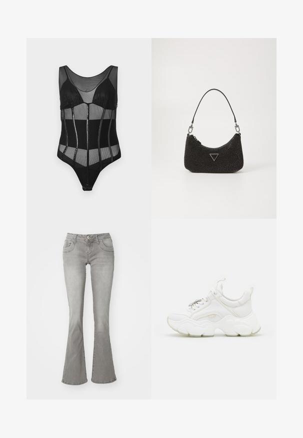 Sort bodysuit med mesh-stof, strukturerede kopper, lodrette paneler med glansfulde accenter og en scoop halsudskæring.; Grå flagrende jeans med en middelhøj talje, frontlommer og knaplukning, lavet af denimstof med en glat tekstur.; Hvide chunky sneakers lavet af læder og mesh-materialer, med en tyk sål, rund tå og dekorative snørebånd. Let teksturerede detaljer.; Sort perlebesat håndtaske med en krum form, der har en enkelt læderrem, trekantet logo detalje og lynlåslukning.