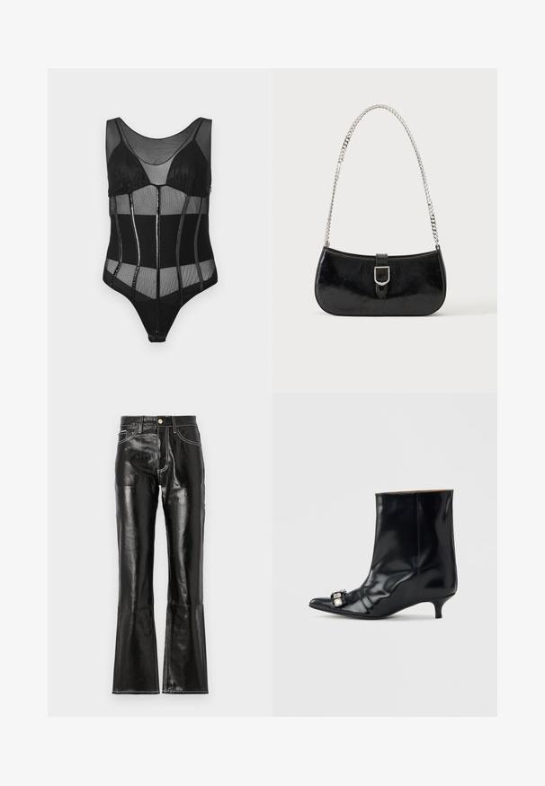 Sort bodysuit med mesh-stof, strukturerede kopper, lodrette paneler med glansfulde accenter og en scoop halsudskæring.; Sorte, højtaljede, flagrende bukser lavet af skinnende materiale med kontrastfarvet hvid syning og en frontlynt. To frontlommer inkluderet.; Sort læder ankelstøvle med spids tå, lav kitten-hæl og dekorativ sølvspænde på siden nær tåen.; Sort skuldertaske i laklæder med sølv spænde og sølv kæderem, vist mod en ensartet lys baggrund.