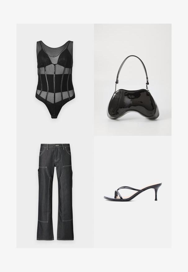 Sort bodysuit med mesh-stof, strukturerede kopper, lodrette paneler med glansfulde accenter og en scoop halsudskæring.; Mørke denim cargo bukser med hvid kontrastsyning, der har flere lommer og en nederdel design med vidde. Holdbart materiale og metalknaplukning.; Sort laklædersandal med hæl, tynde krydsede remme og en slank mellemhøj stilethæl på en hvid baggrund.; Sort patentlæder håndtaske med en unik buet form, kort justerbar hank og en lynlåslukning i toppen. Glat tekstur med diskret branding.