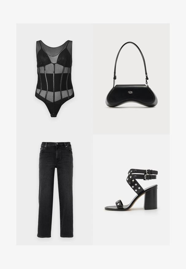 Sort bodysuit med mesh-stof, strukturerede kopper, lodrette paneler med glansfulde accenter og en scoop halsudskæring.; Sorte denim jeans med lige pasform. Har en knaplukning, fem-lomme design og minimale syninger. Glat tekstur.; Sort højhælede sandaler med en struktureret blokhæle, dobbelte spænder på ankelstropperne og sølvfarvede cirkulære nitter på de krydsede stropper.; Sort skuldertaske i læder med buet bund, sølv oval logo på fronten og tynd justerbar rem mod hvid baggrund.