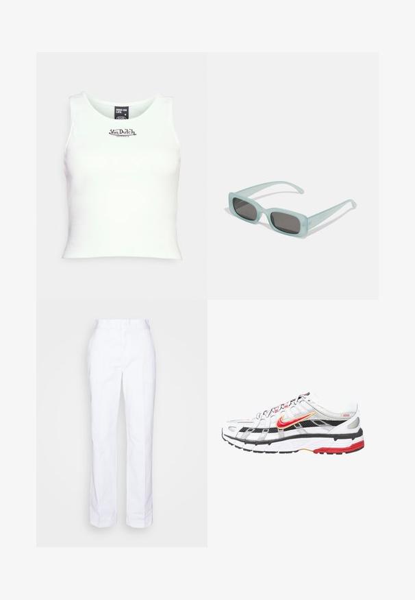 Weißes, geripptes Croptop mit Rundhalsausschnitt und schwarzem "Von Dutch"-Logo in der Mitte. Hergestellt aus einem dehnbaren Baumwoll-Mischgewebe.; Weiße, gerade geschnittene Hosen aus Baumwolle. Mit flachem Bund, Gürtelschlaufen und ohne sichtbare Taschen. Glatte Textur und minimalistisches Design.; Weiße und schwarze Sportschuhe mit roten und goldenen Akzenten. Sie besitzen ein Obermaterial aus Mesh, eine gepolsterte Sohle und ein sicheres Schnürdesign.; Ein Paar rechteckige Sonnenbrillen mit lichtblauen, halbtransparenten Rahmen und dunkelgrauen Gläsern, ausgestattet mit geraden Bügeln und minimalen Hardware-Details.