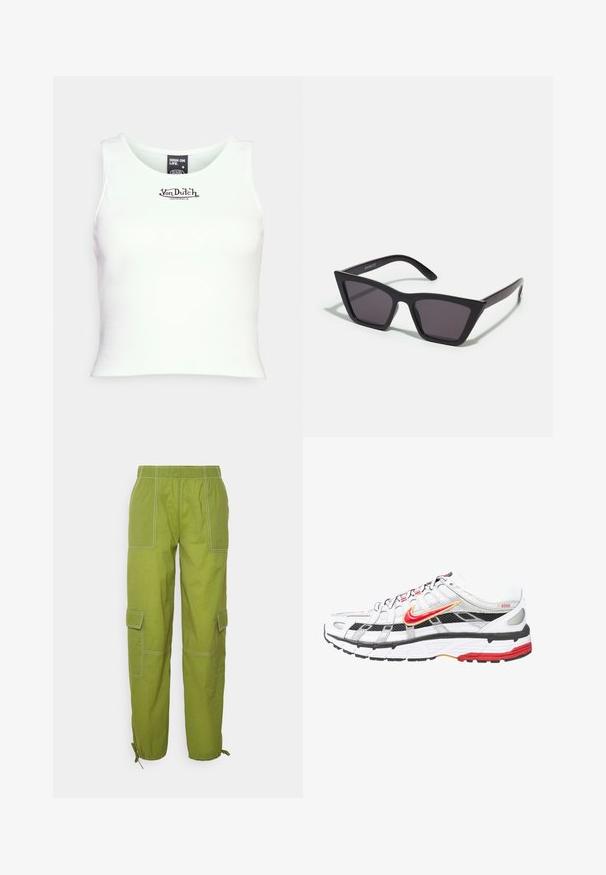 Hvid ribbet crop tank top med rund halsudskæring og sort "Von Dutch" logo i midten. Lavet af strækbart bomuldsblandingsstof.; Envii ENKIWI PANTS - Cargobukser - grasshopper; Hvide og sorte atletiske sko med røde og gyldne accenter. Har en mesh-overdel, polstret sål og et sikkert snøredesign.; Sorte, kantede solbriller med grå linser; lavet af plast, med tykke stænger med en glat overflade og ingen synlig hardware.