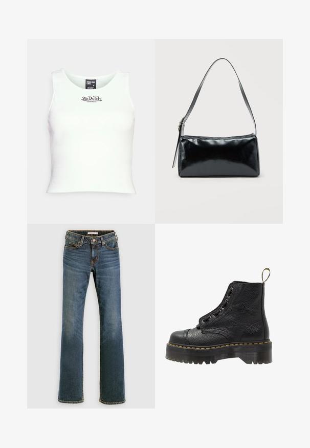 Valge ribadesega lühike top, millel on ümmargune kaelus ja must "Von Dutch" logo keskel. Valmistatud venivast puuvillasegust kangast.; Sinine denim bootcut teksapüksid, millel on eest ja taga taskud, nupuga ja tõmblukuga kinnitus ning kerge pleekinud detailimine reitel ja põlvedel.; Mustad musta nahast ankle botased tekstureeritud pinnaga, ümar nina, paeltega disain, kollased õmblused ja paks, soonikuline must platvormsool.; Must ristkülikukujuline õlakott ühe reguleeritava rihmaga ja ülemise tõmblukuga, ühtlase taustaga.