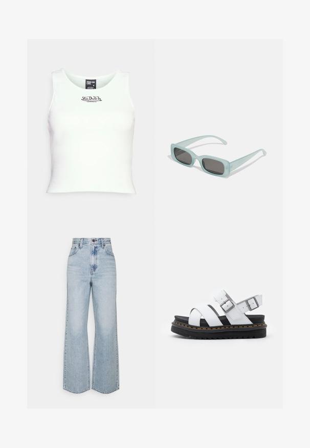 Top corto de tirantes acanalado blanco con escote redondo y logo negro de "Von Dutch" en el centro. Fabricado en una mezcla de algodón elástico.; Jeans anchos de mezclilla de un azul claro con una cintura alta, diseño clásico de cinco bolsillos y costuras en contraste. Detalle de dobladillo sin terminar en la parte inferior.; Sandalias de cuero blancas con correas ajustables con hebilla, suela de plataforma negra en capas y detalle de costura naranja a lo largo del borde.; Un par de gafas de sol rectangulares con montura translucida azul clara y lentes gris oscuro, que cuentan con patillas rectas y detalles de hardware mínimos.