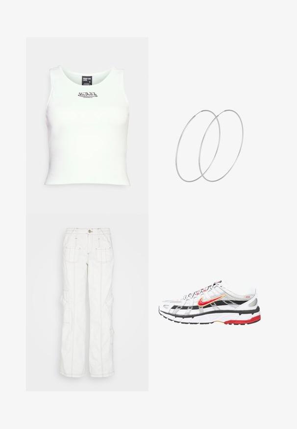 Biely rebrovaný crop top s okrúhlym výstrihom a čiernym logom "Von Dutch" na strede. Vyrobený z elastickej zmesi bavlny.; BDG Urban Outfitters Džínsy voľného strihu - white; Biele a čierne športové topánky s červenými a zlatými akcentmi. Obsahujú sieťovinový zvršok, polstrovanú podrážku a bezpečný šnurovací dizajn.; Strieborné kruhové náušnice s minimalistickým dizajnom. Cirkulárny tvar, hladký povrch a tenký profil. Ľahké s lesklým povrchom.