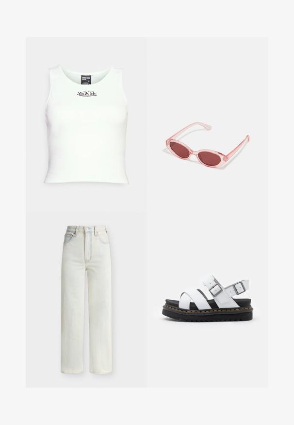 Weißes, geripptes Croptop mit Rundhalsausschnitt und schwarzem "Von Dutch"-Logo in der Mitte. Hergestellt aus einem dehnbaren Baumwoll-Mischgewebe.; Hoch sitzende Jeans mit geradem Bein in Hellblau, mit vorderem Knopf, Reißverschluss und Fünf-Taschen-Stil.; Weiße Leder-Sandalen mit verstellbaren Schnallenriemen, geschichteter schwarzer Plateausohle und orangefarbener Naht entlang der Kante.; Pink transparente Sonnenbrille mit ovalen Gläsern, dunkler roter Tönung und schlanken Bügeln, ausgestattet mit einer glatten Oberfläche und dezenten Details am Rahmen.
