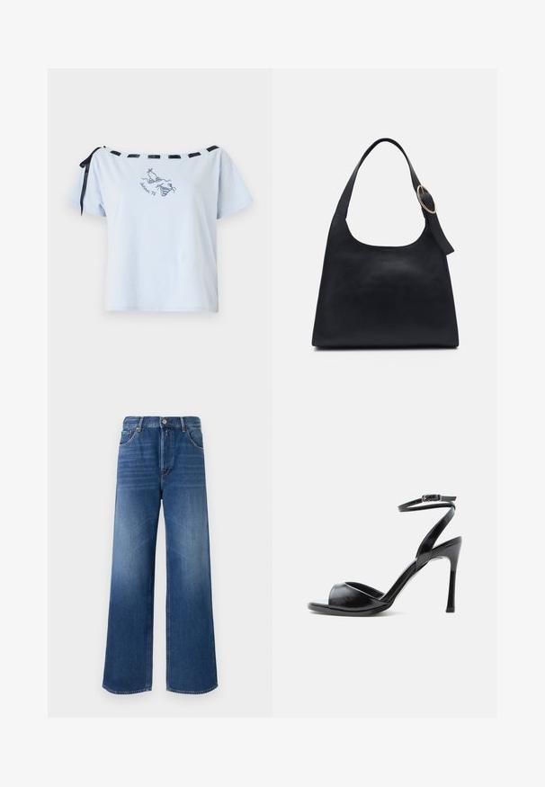 Svetlo modré tričko s krátkymi rukávmi a off-shoulder dizajnom, čierne saténové stužky ako akcenty a vyšívaný grafický nápis "Leto 98". Mäkký bavlnený materiál.; Džínsy s širokými nohami v strednej modrej farbe, s piatimi vreckami, zapínaním na gombík a jemným vyblednutím na stehnách pre textúru.; Čierna sandála na vysokom opätku s otvorenou špičkou, úzkym ihlovým opätkom a remienkom na členku so sponou na bielom pozadí.; Čierna kožená taška cez rameno s hladkou textúrou, okrúhlym telom a jedným ramenným popruhom zdobeným okrúhlou zlatou kovovou dekoráciou.