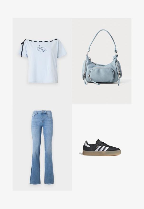 Camiseta corta de manga corta de color azul claro con diseño off-shoulder, detalles de cinta de satén negra y gráfico bordado "Summer 98". Material de algodón suave.; Jeans acampanados de color azul claro con una cintura de altura media, diseño clásico de cinco bolsillos y un ligero desvanecimiento a lo largo de las piernas. Textura de tela vaquera.; Zapatilla deportiva de cuero negro con tres rayas plateadas, punta texturizada y suela de goma. Cuenta con un collar acolchado y un diseño con cordones.; Bolso de mano de cuero azul claro con forma redondeada, dos bolsillos con cremallera, un asa corta y acentos de hardware en plata. Textura suave.