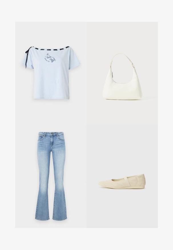 Lichtblauwe t-shirt met korte mouwen en off-shoulder ontwerp, zwarte satijnen lintaccenten en geborduurd "Summer 98" grafiek. Zacht katoenmateriaal.; Lichtblauwe flared jeans van denim. Beschikt over een traditionele vijf-pocketontwerp en een rits met een knoopsluiting. Vervaagde effecten op de dijen.; Beige ballerina's met een gladde leren buitenkant, amandelvormige punt en elastische band over de wreef, met subtiele stiksels.; Kleine witte schoudertas met een enkele verstelbare schouderband en een ritsafsluiting, geplaatst tegen een effen witte achtergrond.