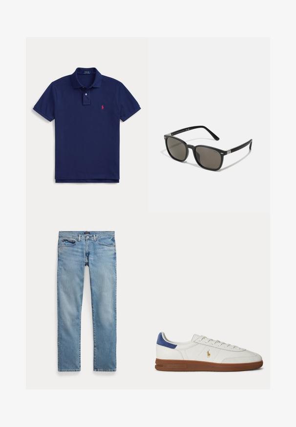 Marineblaues Polohemd mit Kragen, zwei Knöpfen, kurzen Ärmeln und kleinem roten Ralph Lauren Logo auf der linken Brust.; Hellblaue Jeans mit geradem Bein, Vordertaschen und Knopfverschluss, flach auf weißem Hintergrund ausgebreitet.; Weißer Low-Top Sneaker mit brauner Sohle, blauem Fersenlasche, Schnürsenkeln und goldenem Polo Ralph Lauren Logo an der Seite.; Polo Ralph Lauren Sonnenbrille - shiny black
